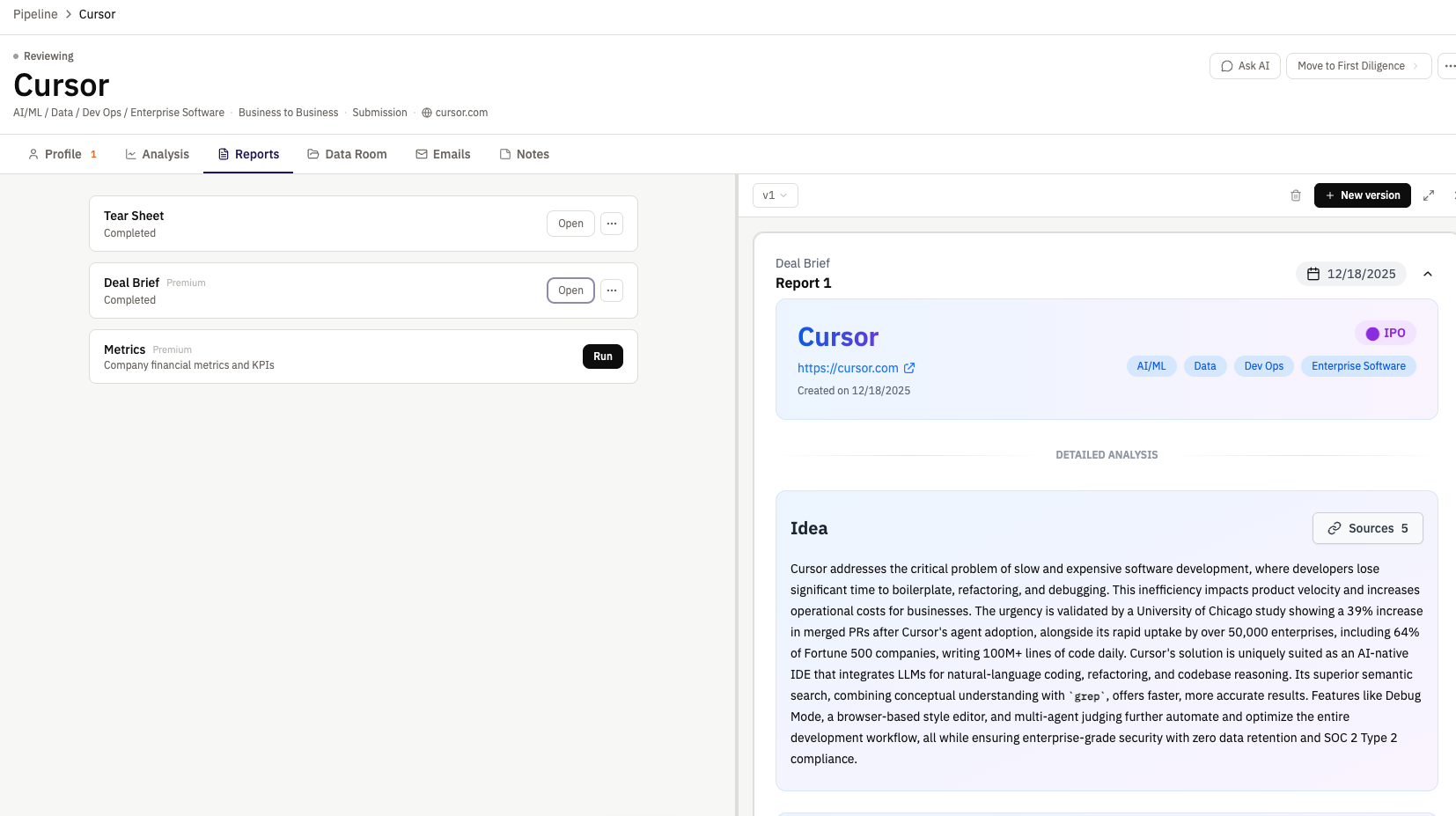 Analysis & Reports: analyst-grade memos, citable end-to-end.