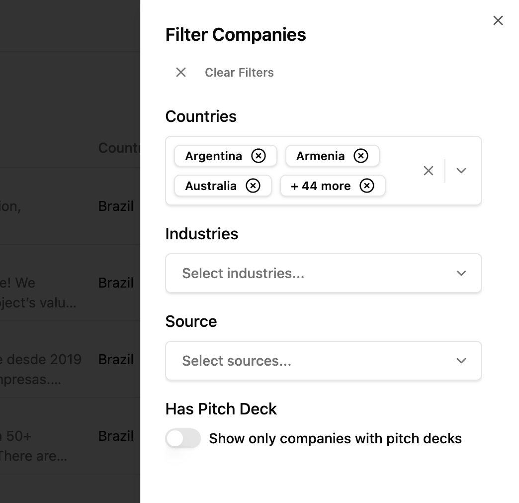 Advanced filtering modal for companies with country, industry, and source filters